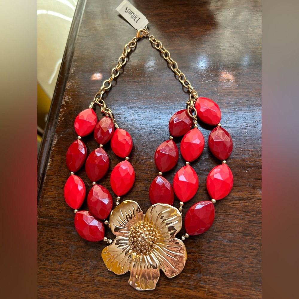 Dillard’s Red and Gold 3 Strand Floral Necklace w/Large Gold Flower Chunky NWT